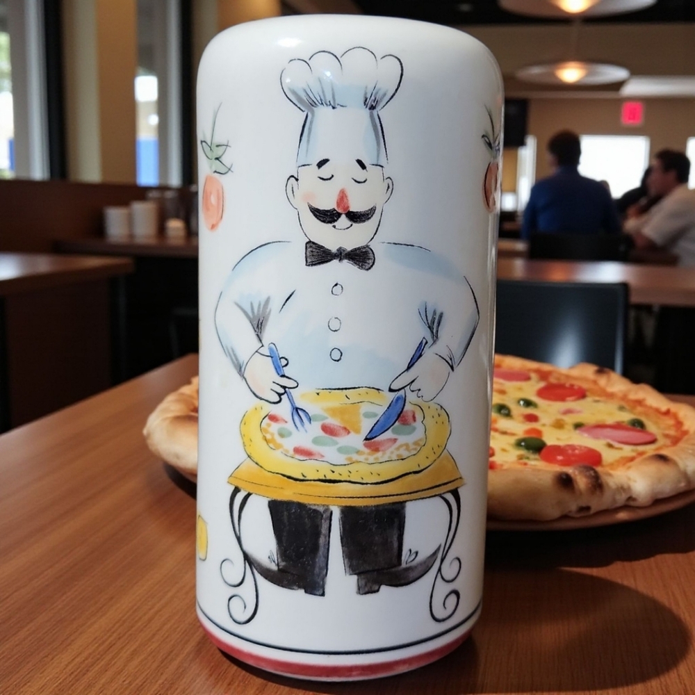 Vtg 90's Ceramic Pizza Chef Parmesan Cheese/Hot Pepper Flake Pizzeria Shaker Jar